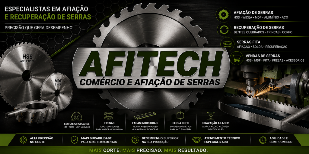 Afiação de serras industriais realizada pela Afitech com equipamento de alta precisão