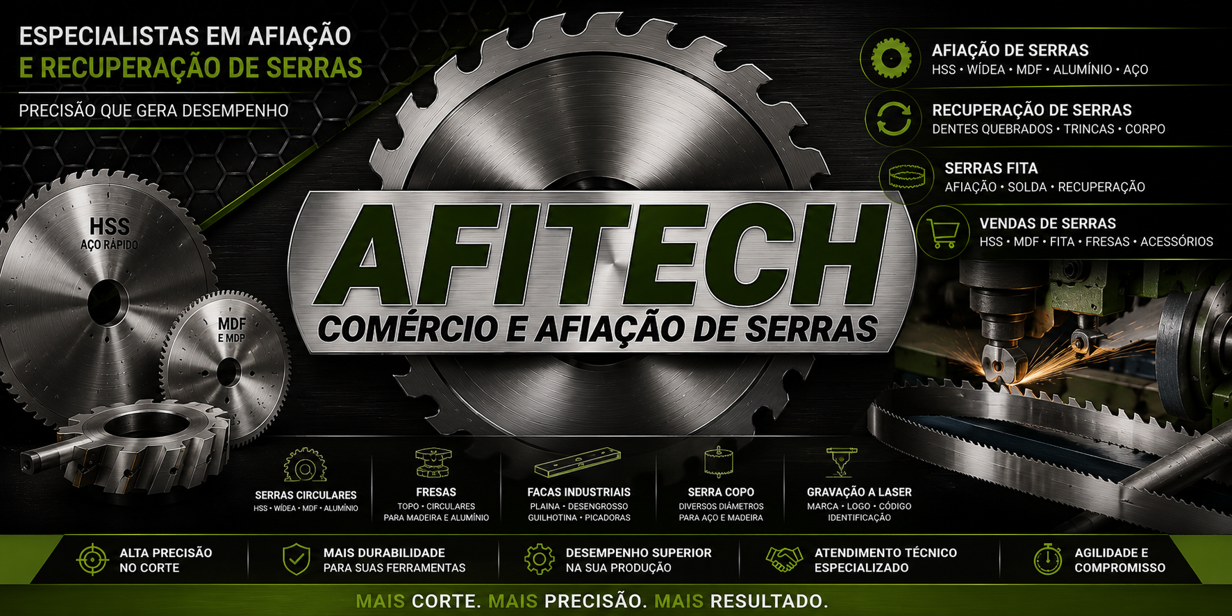 Afiação de serras industriais realizada pela Afitech com equipamento de alta precisão