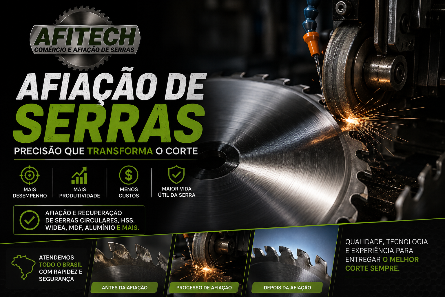 Afiação de serras circulares industriais realizada pela Afitech em equipamento de alta precisão